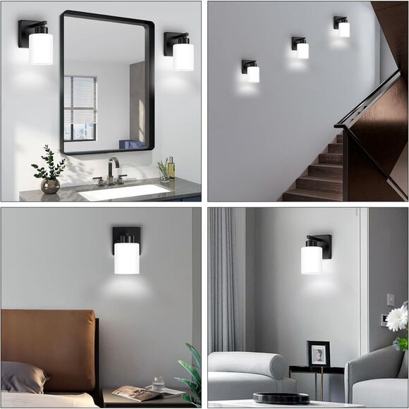 Bathroom Light Fixtures, Matte Black Wall Sconce with Milky White Glass Shade - Picture 3 of 8